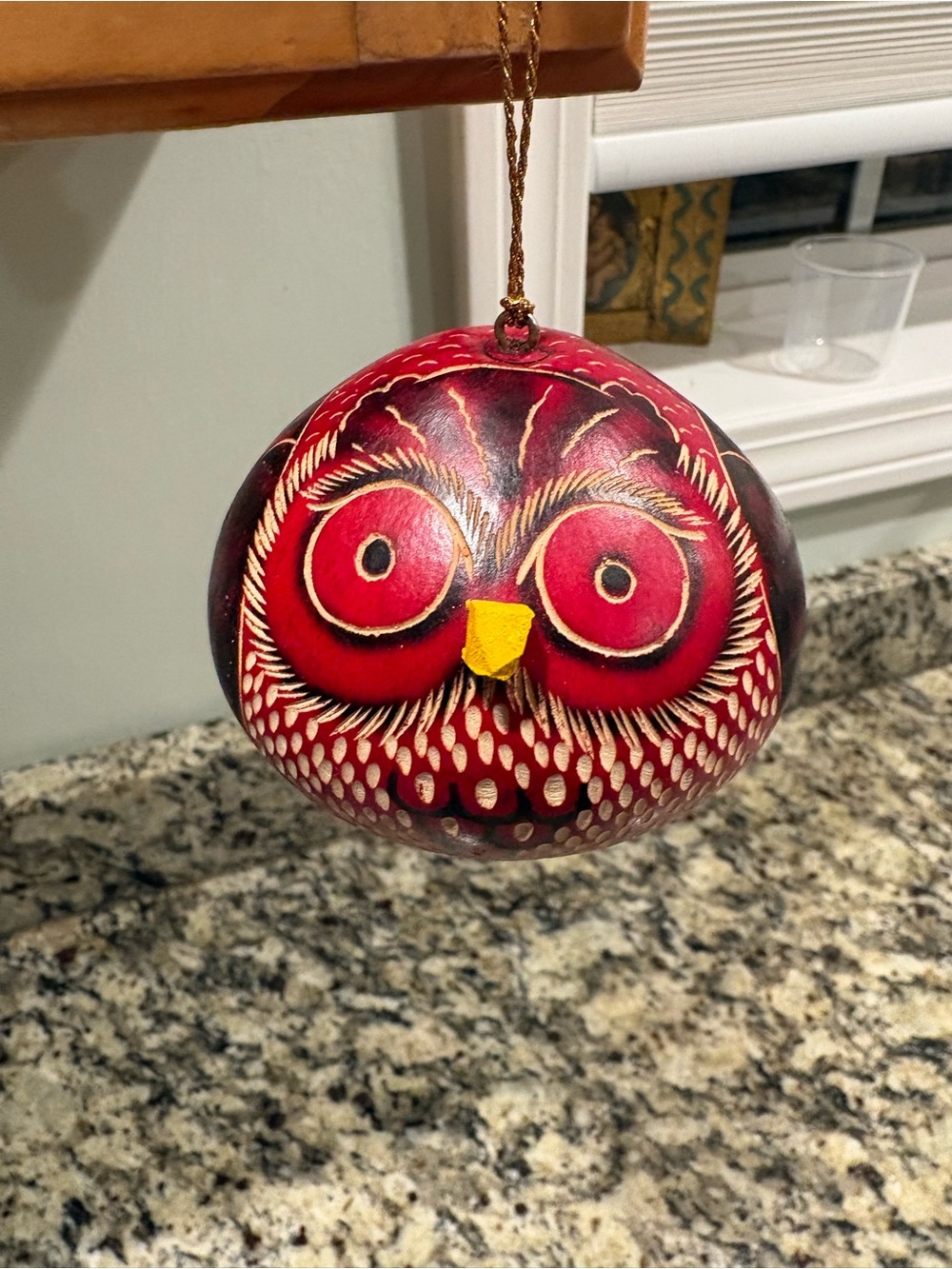 Lucuma Peru Hand Carved Gourd Owl Christmas Ornament Red Bird Folk Art Holiday
